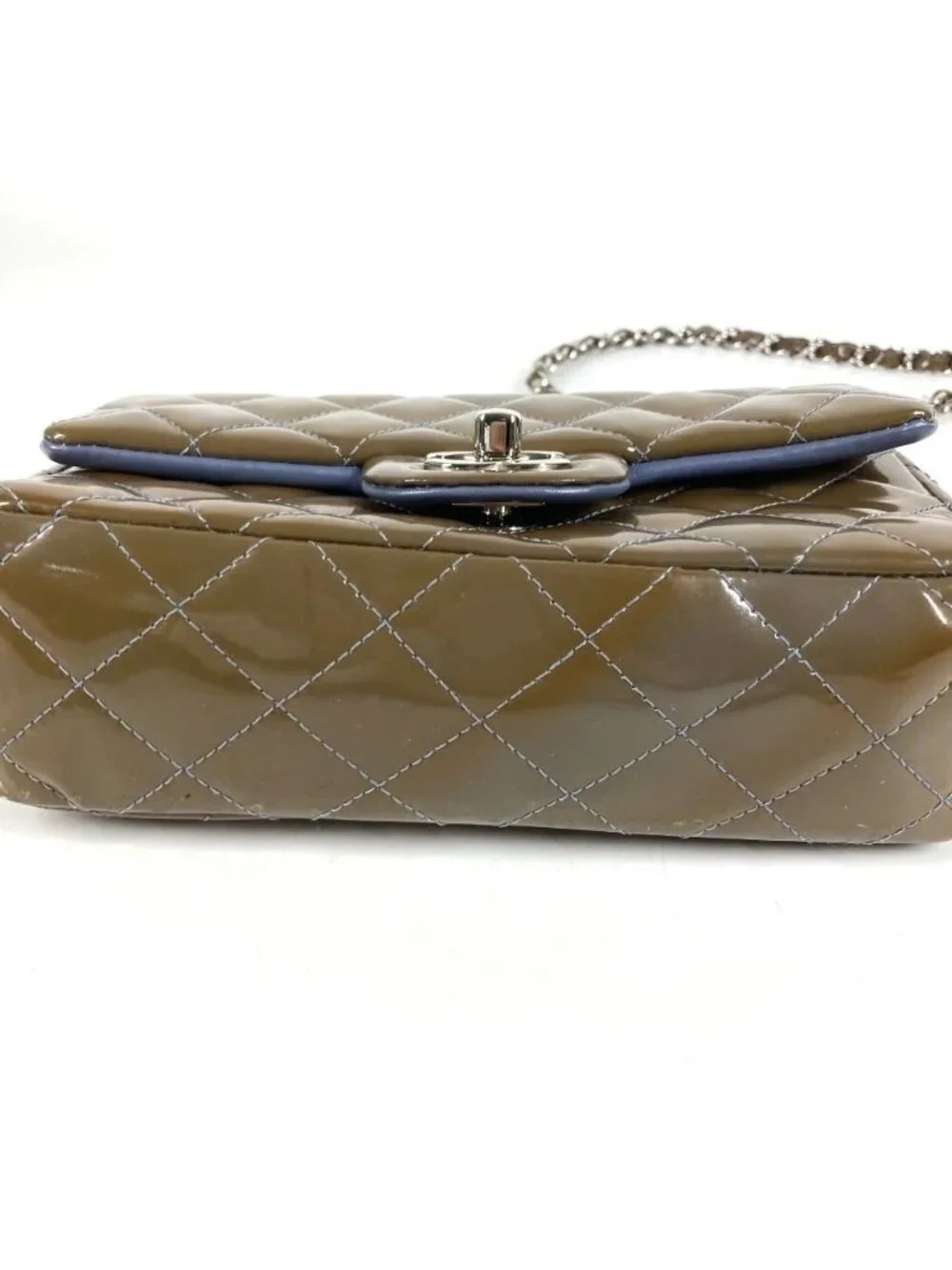 Chanel Shoulder Bag CC Logo Quilted Patent Leather Khaki